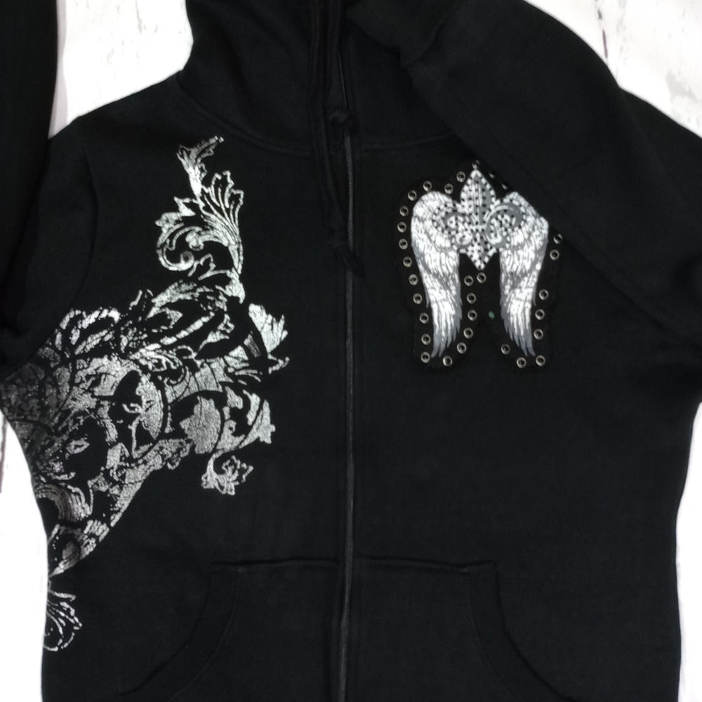 SOHO BABE Black Cowl Neck Full Zip Silver Fleur De Lis Sweatshirt L - Picture 6 of 17